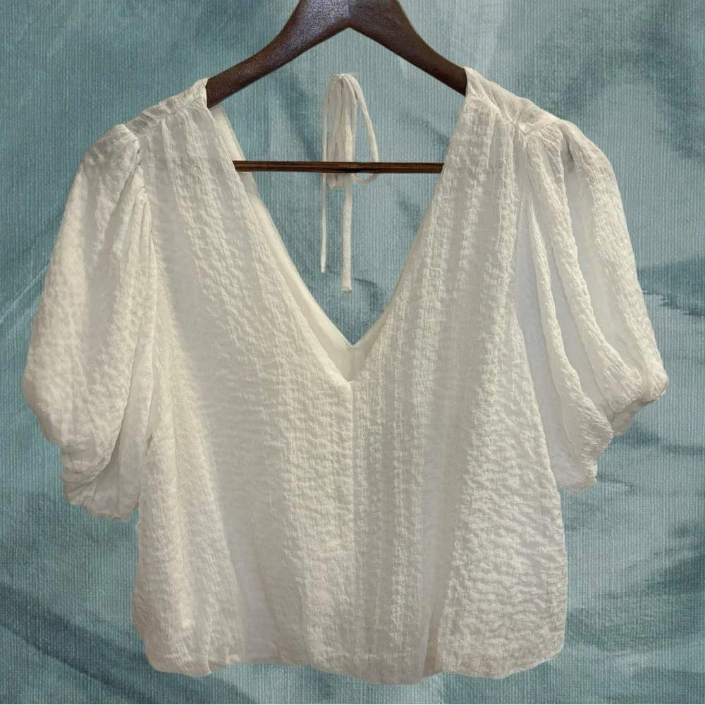 ASTR The Label Blouse Puff Balloon Sleeve Bubble Top Tie Back Size M